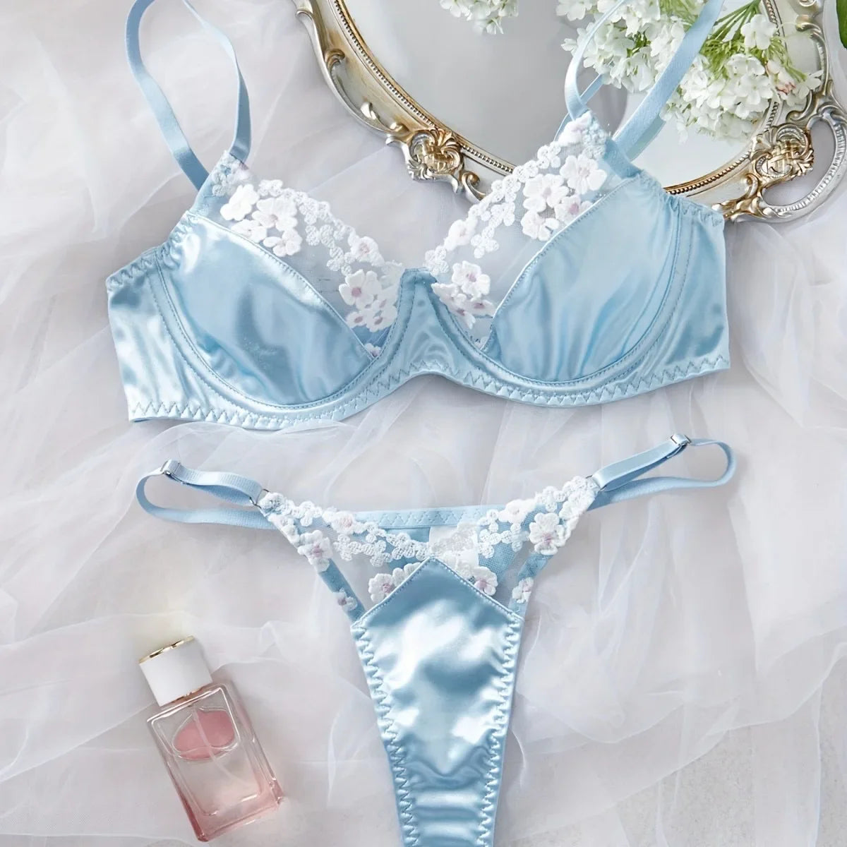 Western Japanese Style Blue Embroidery Lace Bra