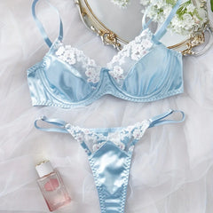 Western Japanese Style Blue Embroidery Lace Bra