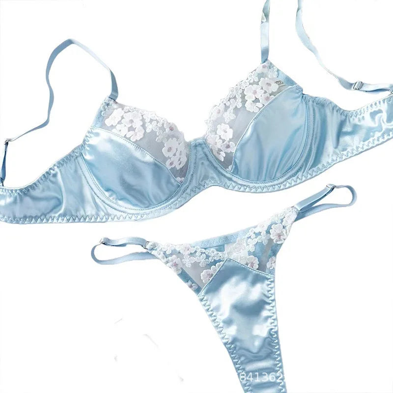 Western Japanese Style Blue Embroidery Lace Bra