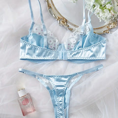 Western Japanese Style Blue Embroidery Lace Bra