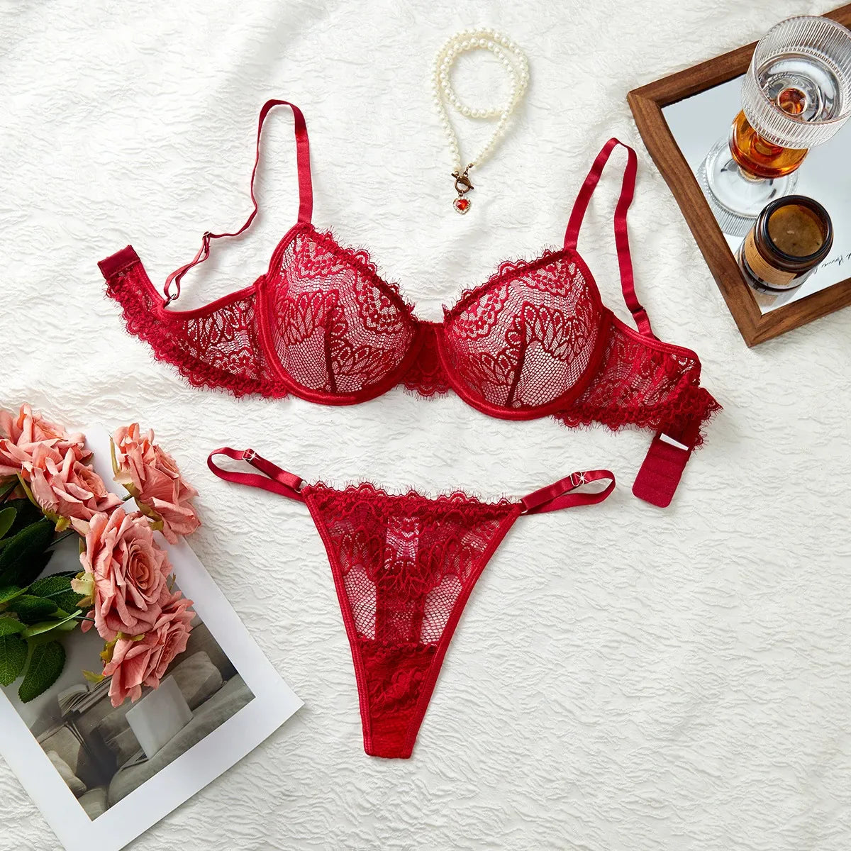 Western Lace Printed Hollow Out See Through Bra Thongs Erotic Seductive Underwear Clothings Lingerie Set