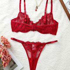 Western Lace Printed Hollow Out See Through Bra Thongs Erotic Seductive Underwear Clothings Lingerie Set