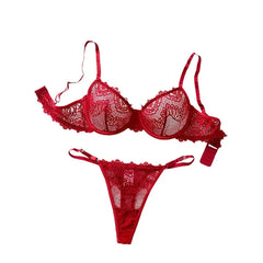 Western Lace Printed Hollow Out See Through Bra Thongs Erotic Seductive Underwear Clothings Lingerie Set