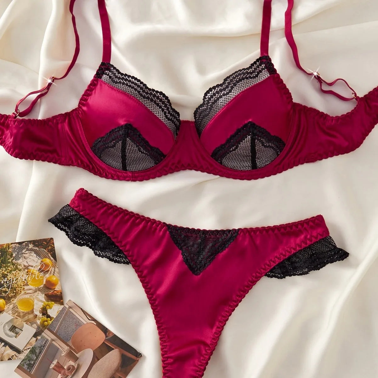 Western Lace Satin Splicing Ultra Thin Underwire Push Up Bra