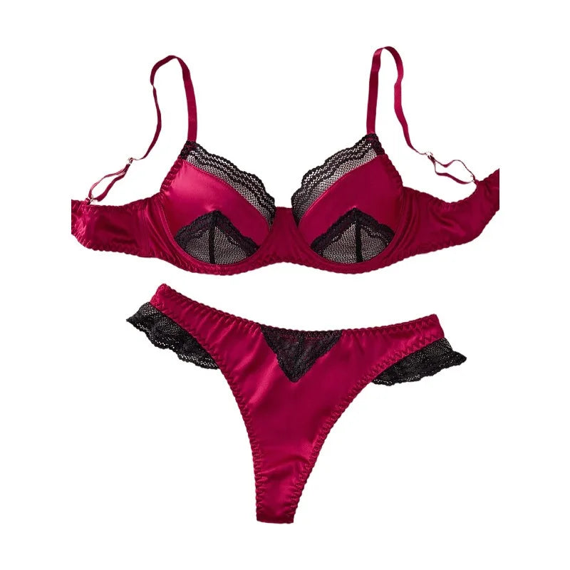 Western Lace Satin Splicing Ultra Thin Underwire Push Up Bra