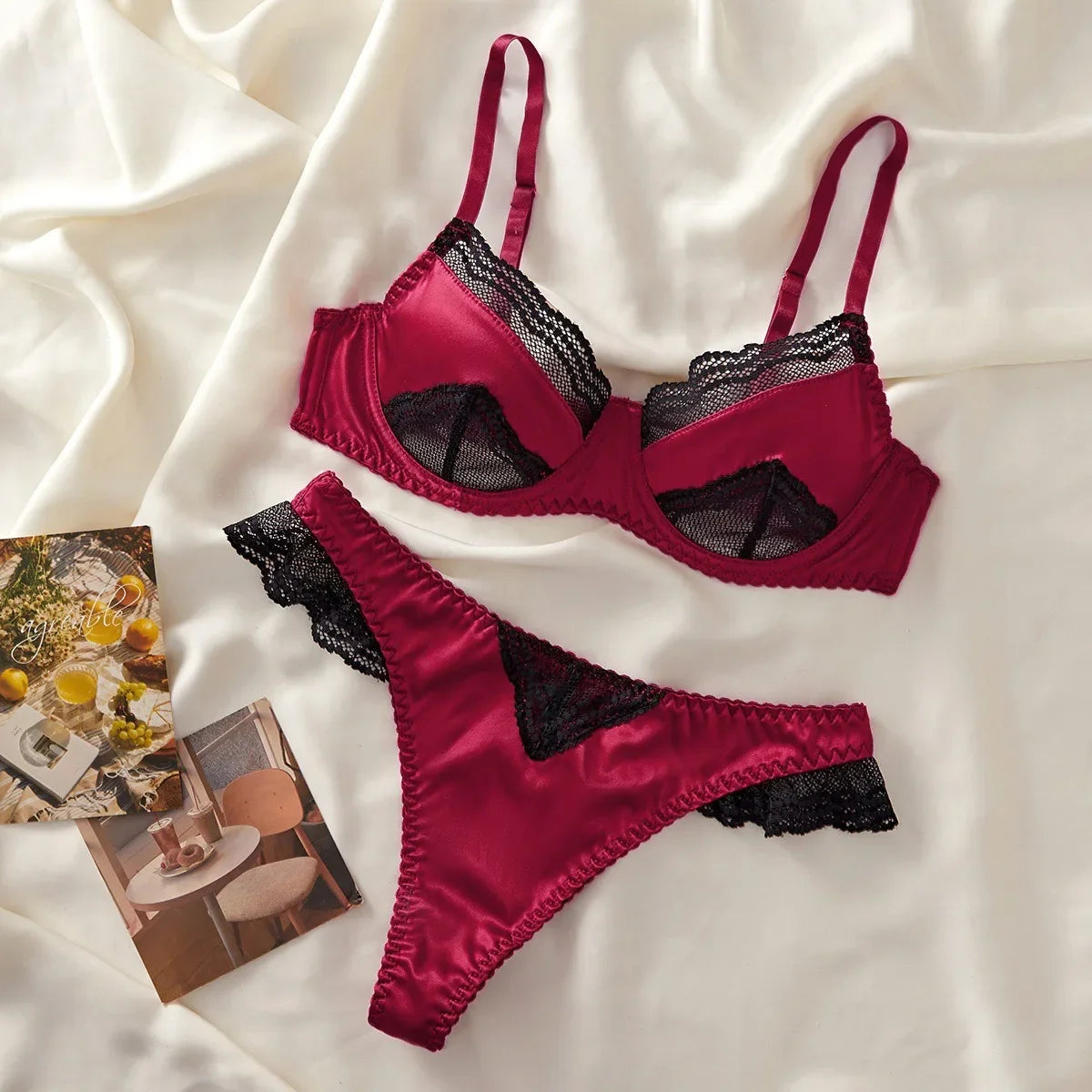 Western Lace Satin Splicing Ultra Thin Underwire Push Up Bra