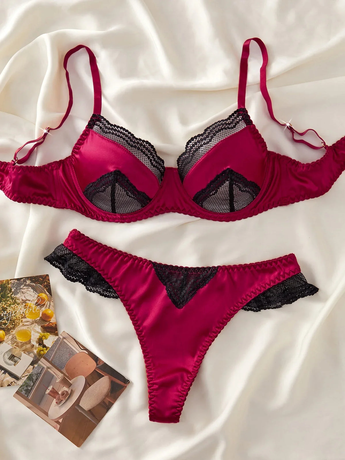 Western Lace Satin Splicing Ultra Thin Underwire Push Up Bra