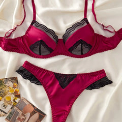 Western Lace Satin Splicing Ultra Thin Underwire Push Up Bra
