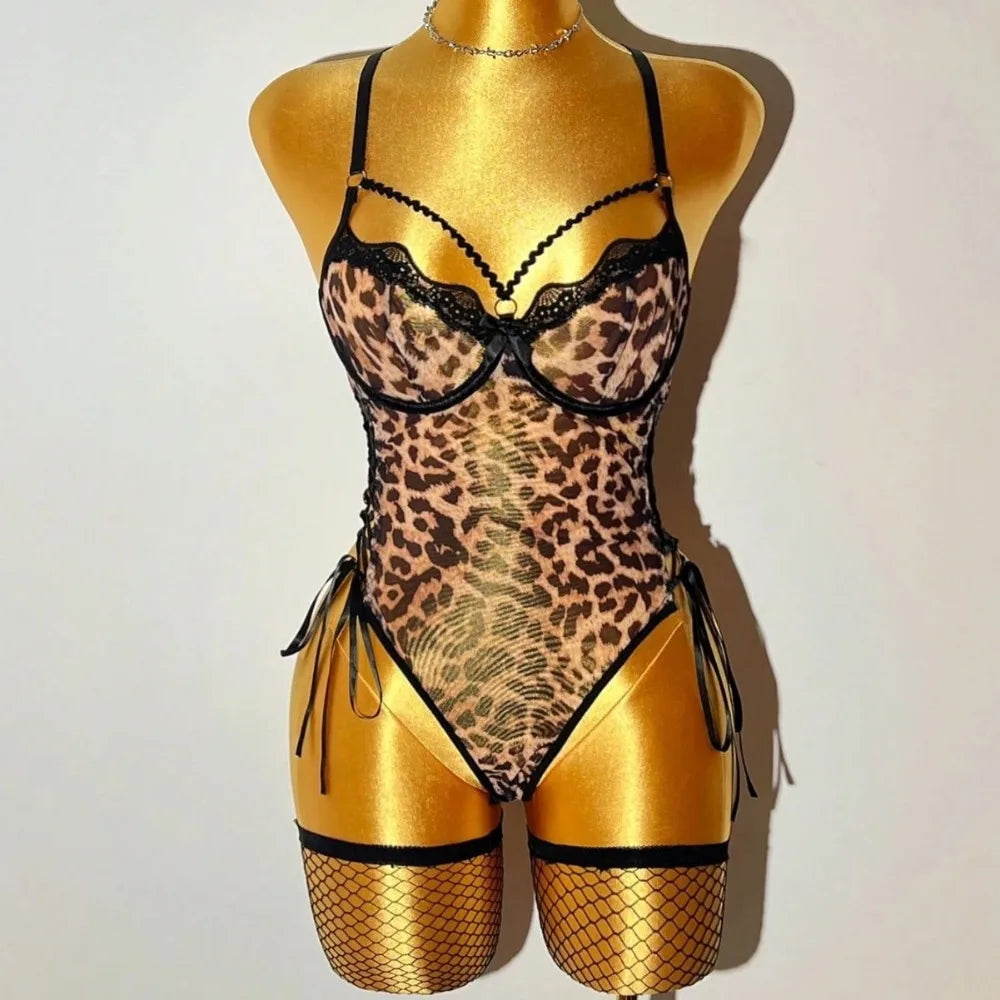 Western Leopard Print Lace Hollow Out  Underwear One Piece Jumpsuit Teddy Lingerie