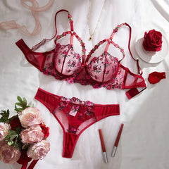 Western Mesh Floral Embroidery Pure See Through Bra Briefsss Black Gorgeous Exquisite Charming Lingerie Set