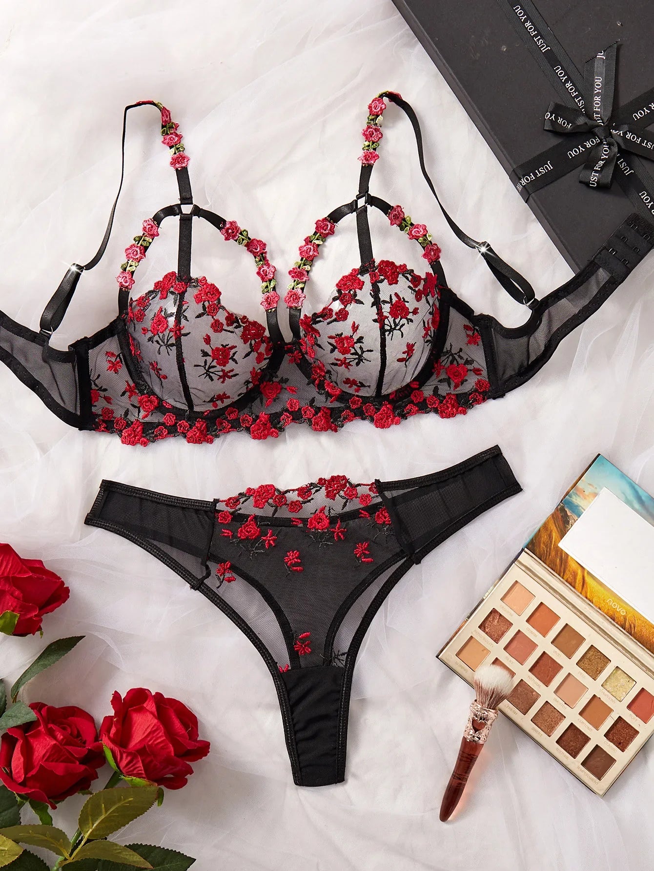 Western Mesh Floral Embroidery Pure See Through Bra Briefsss Black Gorgeous Exquisite Charming Lingerie Set