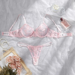Western Mesh Floral Embroidery Pure See Through Bra Pantiess Erotic Seductive Underwear Lingerie Set