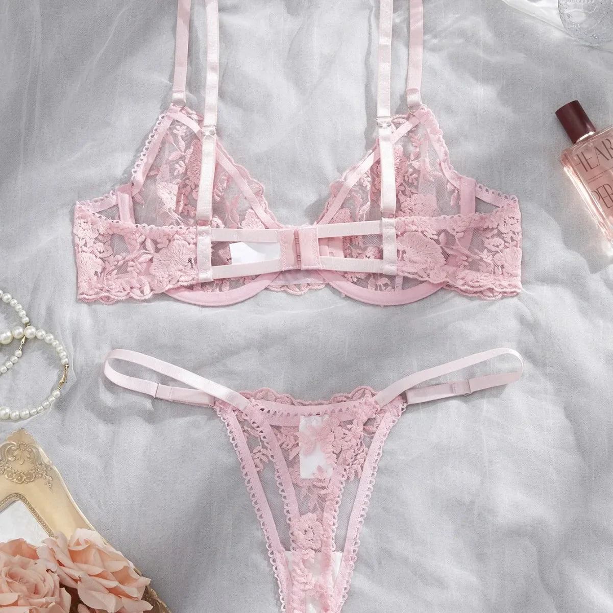 Western Mesh Floral Embroidery Pure See Through Bra Pantiess Erotic Seductive Underwear Lingerie Set