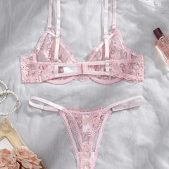 Western Mesh Floral Embroidery Pure See Through Bra Pantiess Erotic Seductive Underwear Lingerie Set