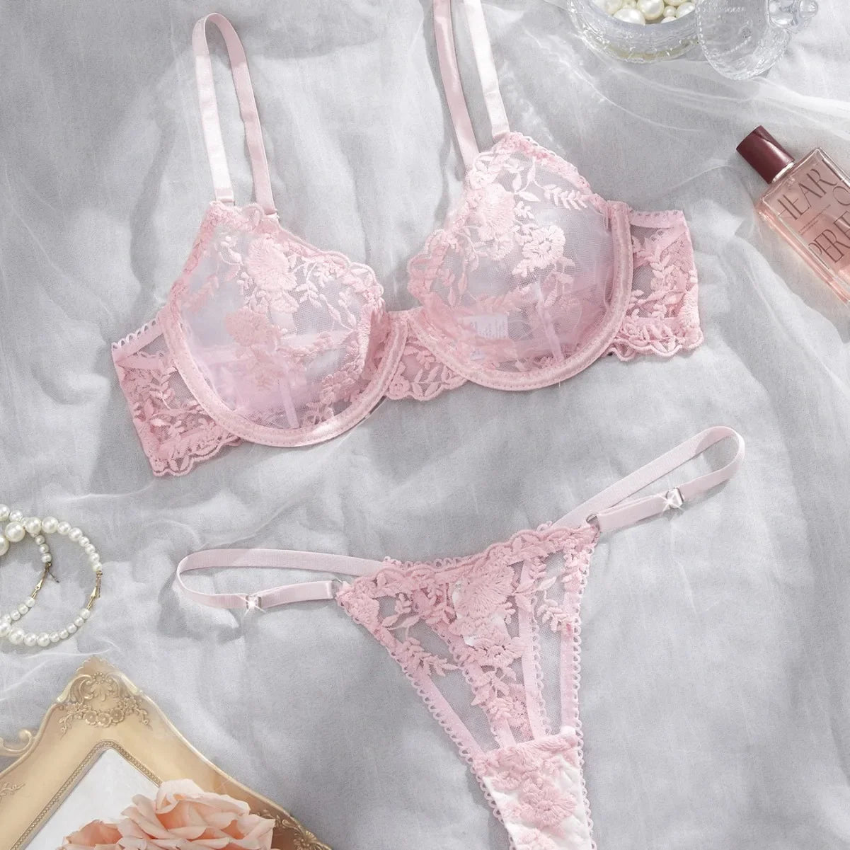 Western Mesh Floral Embroidery Pure See Through Bra Pantiess Erotic Seductive Underwear Lingerie Set