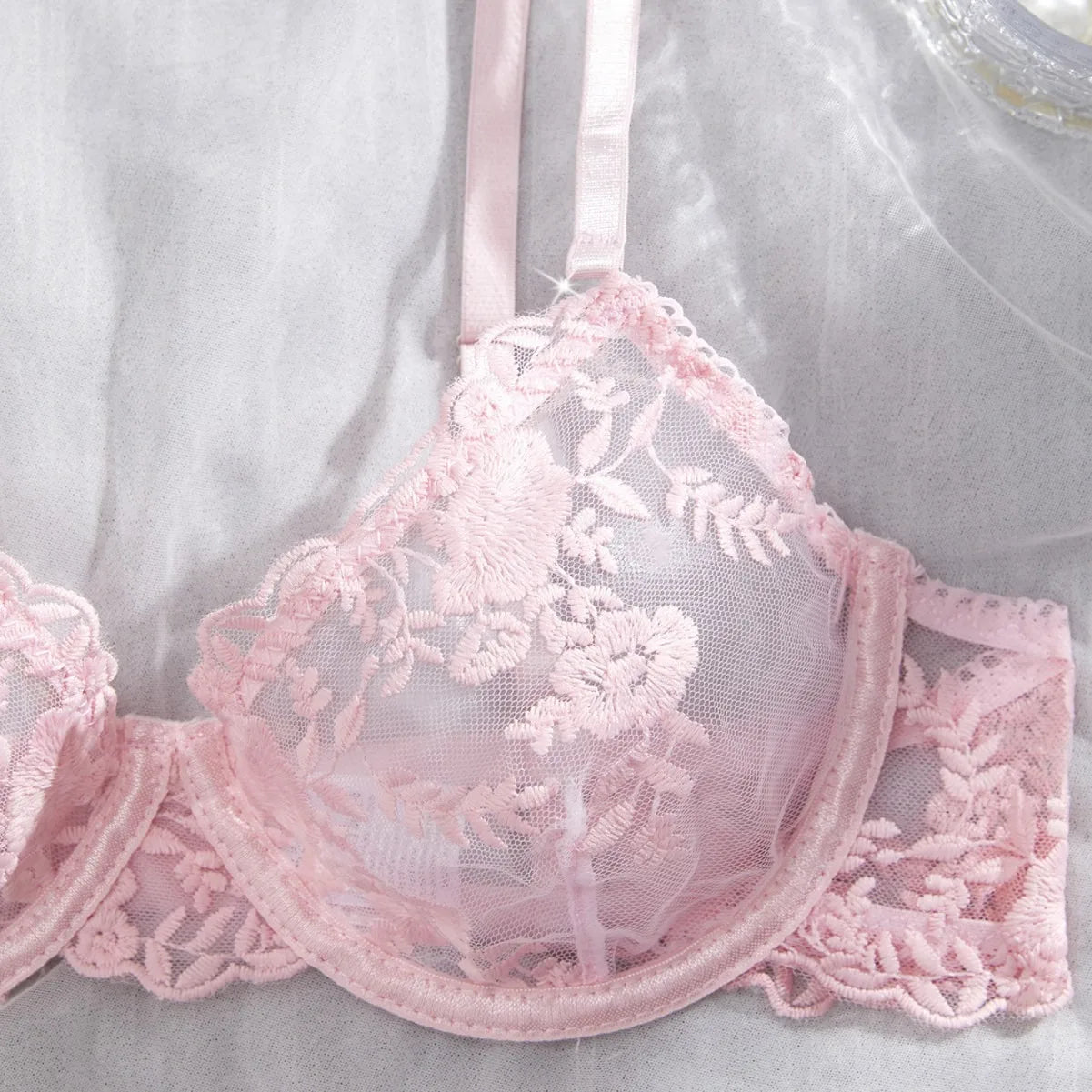 Western Mesh Floral Embroidery Pure See Through Bra Pantiess Erotic Seductive Underwear Lingerie Set