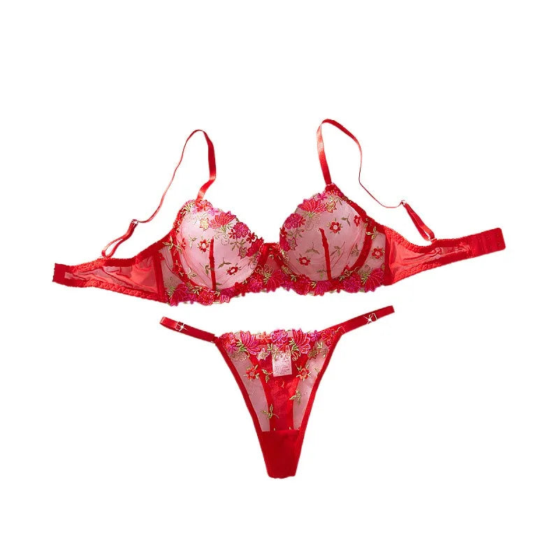 Western Mesh Floral Embroidery Pure See Through Bra Pantiess Erotic Seductive Underwears Clothing Lingerie Set