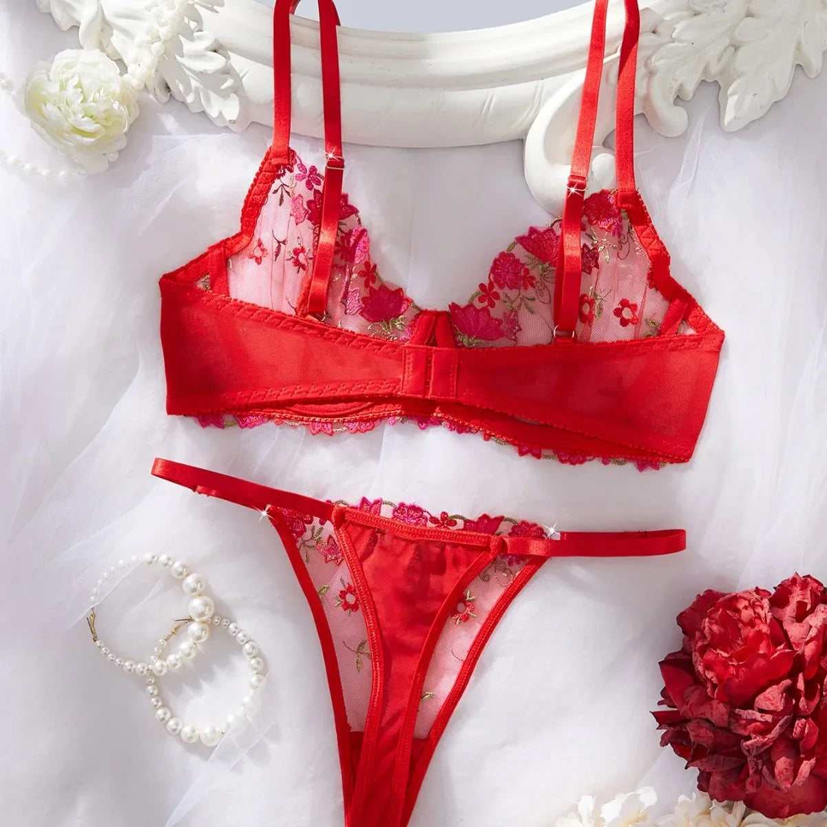 Western Mesh Floral Embroidery Pure See Through Bra Pantiess Erotic Seductive Underwears Clothing Lingerie Set