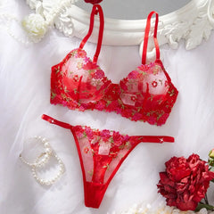 Western Mesh Floral Embroidery Pure See Through Bra Pantiess Erotic Seductive Underwears Clothing Lingerie Set