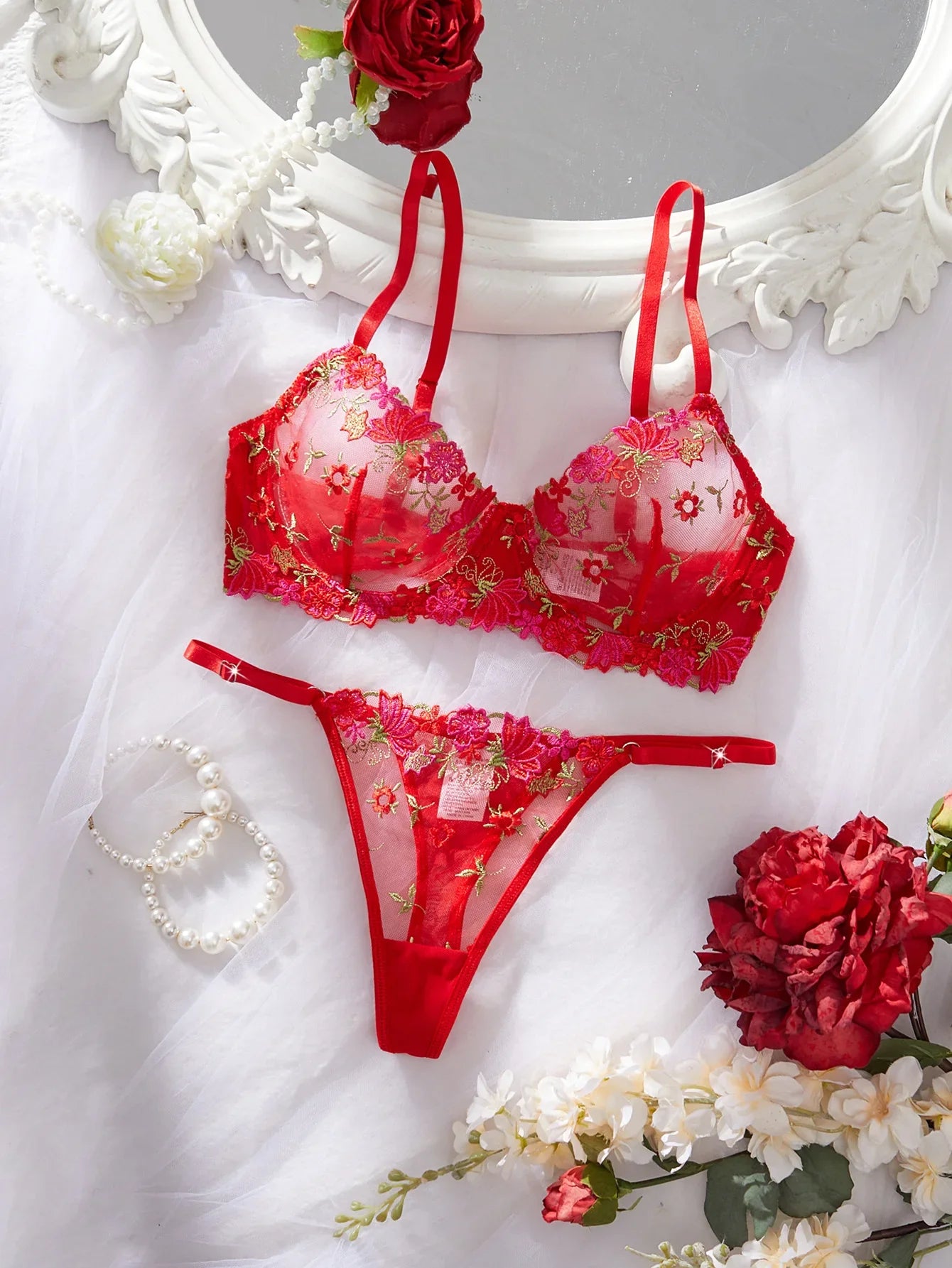 Western Mesh Floral Embroidery Pure See Through Bra Pantiess Erotic Seductive Underwears Clothing Lingerie Set