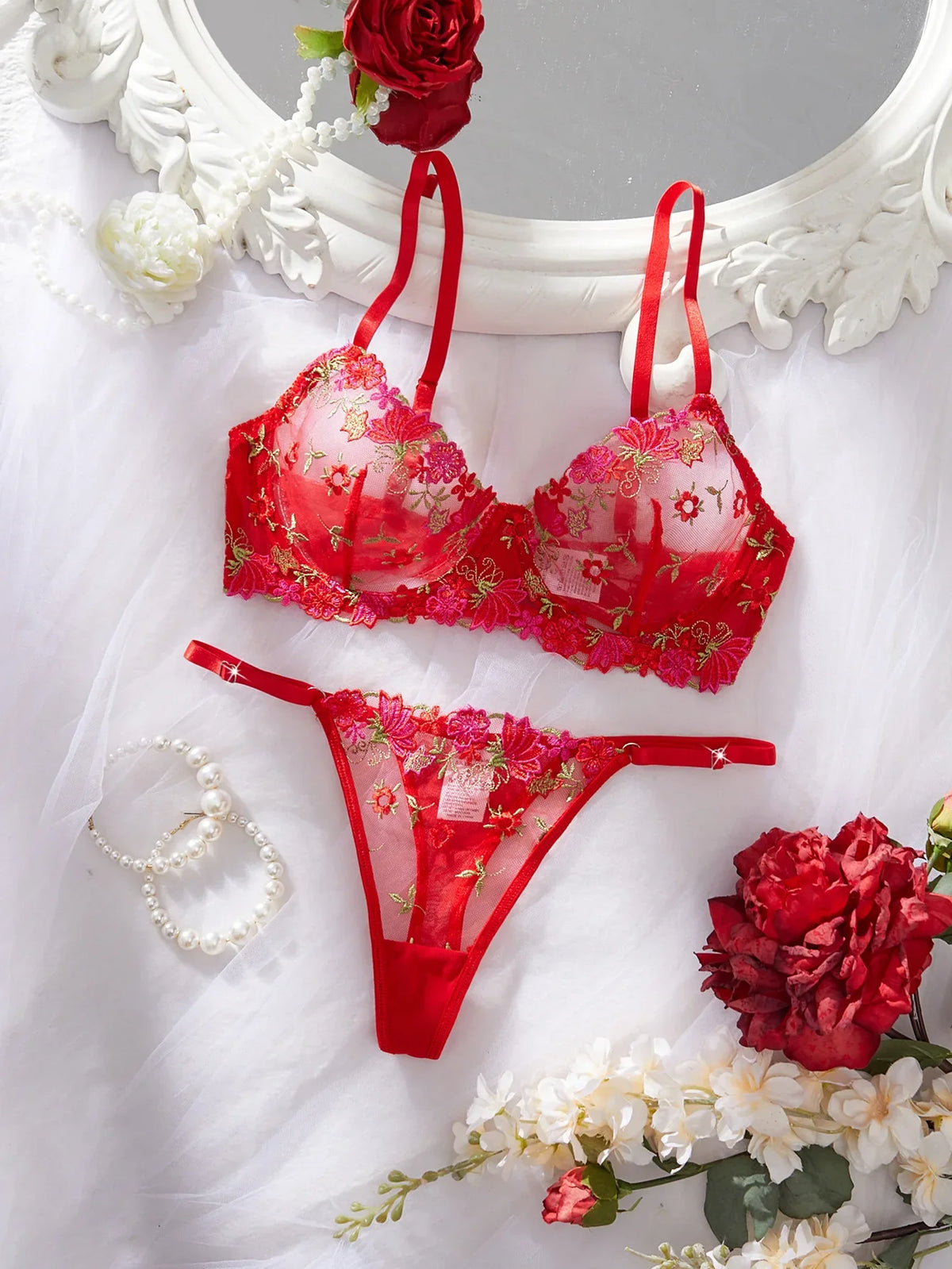 Western Mesh Floral Embroidery Pure See Through Bra Pantiess Erotic Seductive Underwears Clothing Lingerie Set