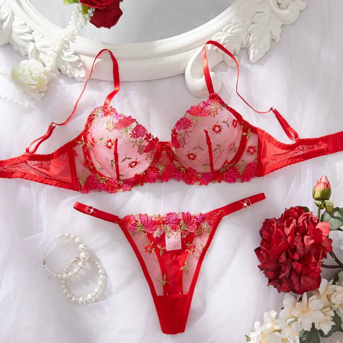 Western Mesh Floral Embroidery Pure See Through Bra Pantiess Erotic Seductive Underwears Clothing Lingerie Set
