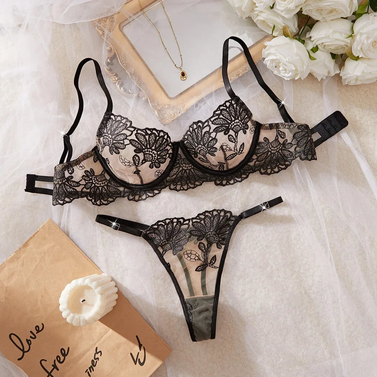 Western Mesh Floral Embroidery Push Up See Through Bra Thong Erotic Seductive Underwear Clothing Lingerie Set