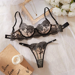 Western Mesh Floral Embroidery Push Up See Through Bra Thong Erotic Seductive Underwear Clothing Lingerie Set
