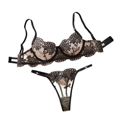 Western Mesh Floral Embroidery Push Up See Through Bra Thong Erotic Seductive Underwear Clothing Lingerie Set