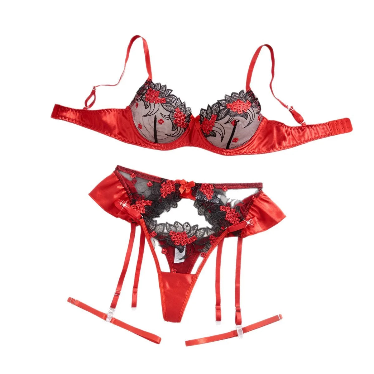 Western Mesh Floral Embroidery See Through Bra Pantys Valentine Erotic Seductive Underwears Lingerie Set