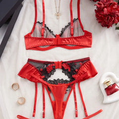 Western Mesh Floral Embroidery See Through Bra Pantys Valentine Erotic Seductive Underwears Lingerie Set