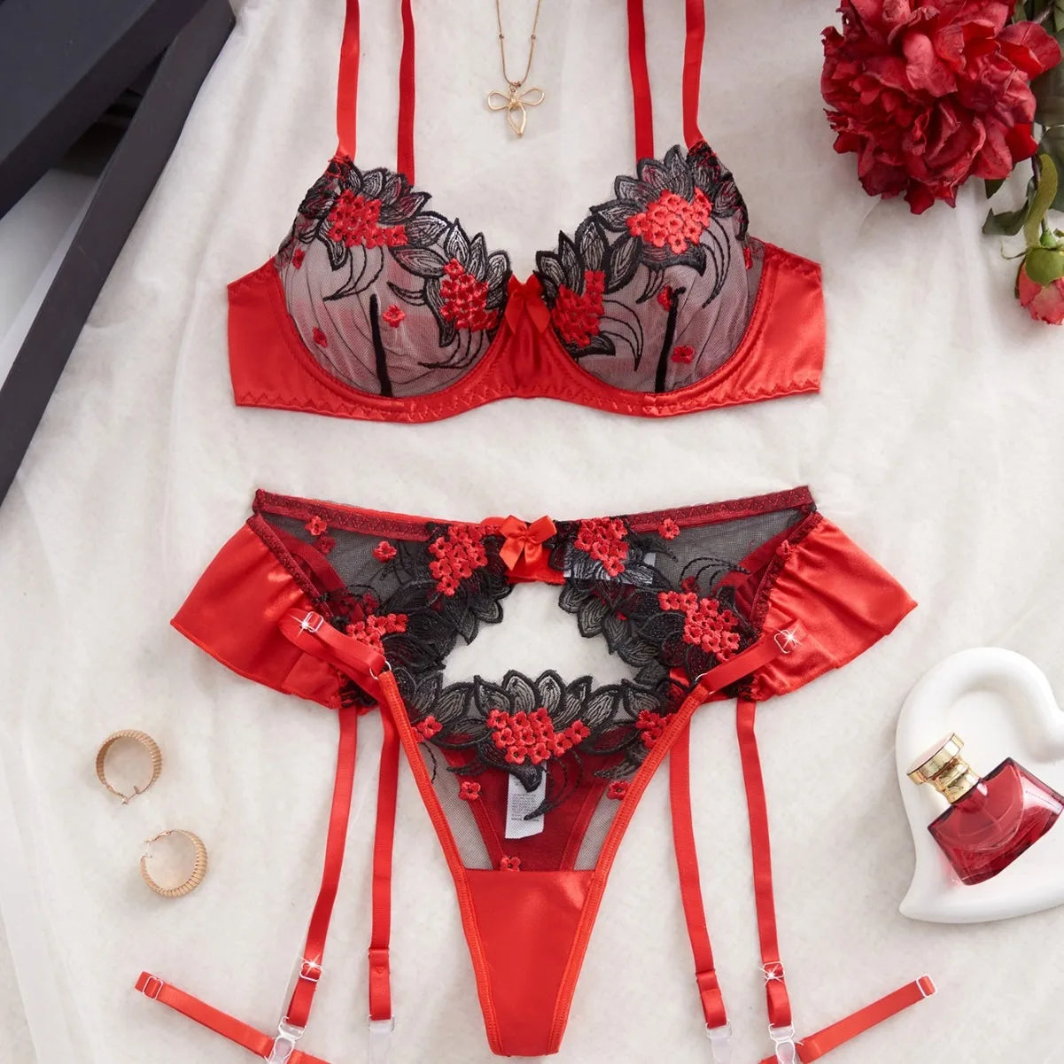 Western Mesh Floral Embroidery See Through Bra Pantys Valentine Erotic Seductive Underwears Lingerie Set
