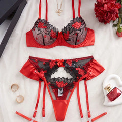 Western Mesh Floral Embroidery See Through Bra Pantys Valentine Erotic Seductive Underwears Lingerie Set