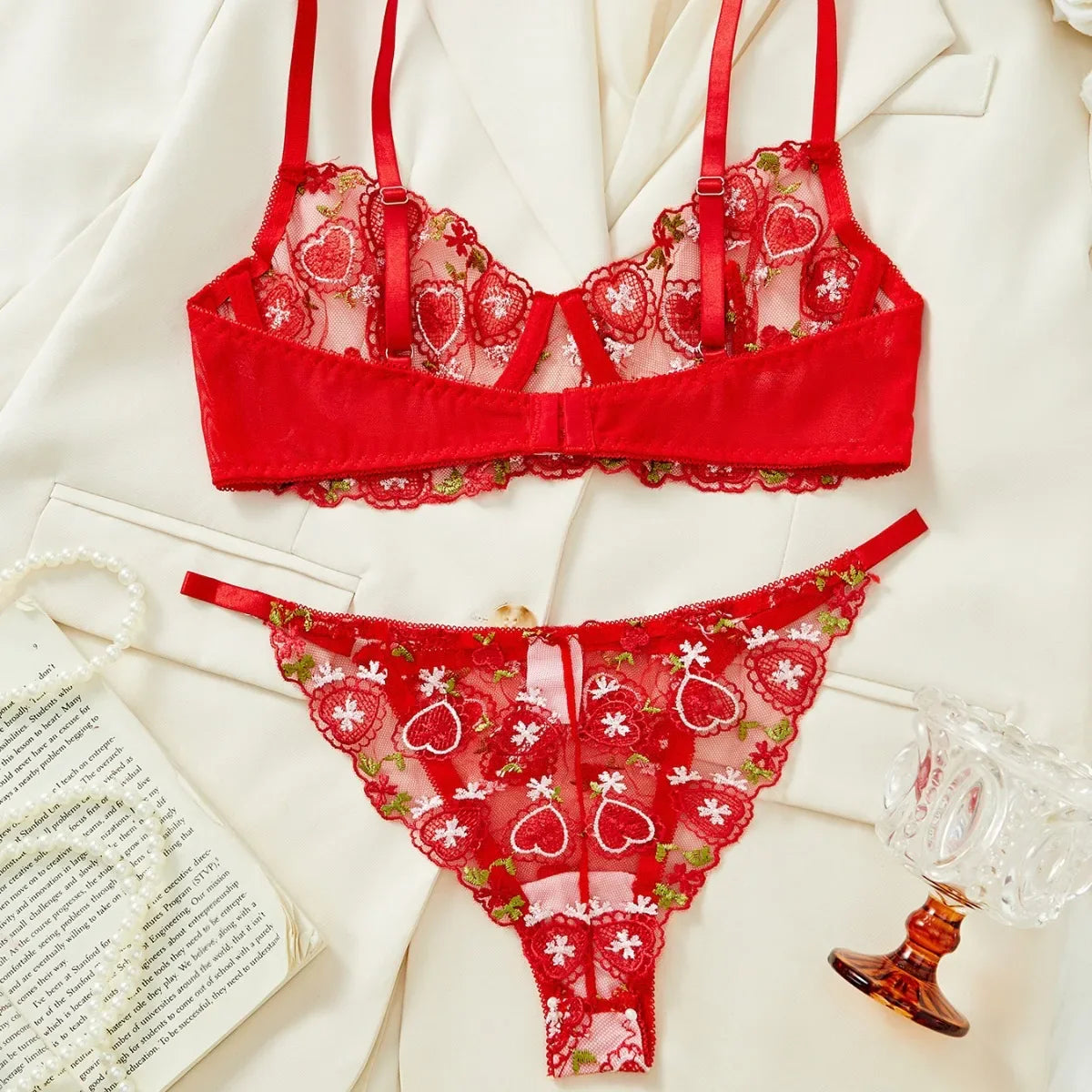 Western Mesh Heart Embroidery Pure See Through Bras Erotic Seductive Underwears Seductive Lingerie Set