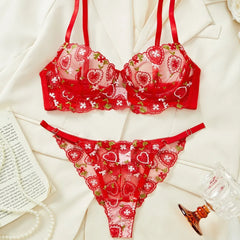 Western Mesh Heart Embroidery Pure See Through Bras Erotic Seductive Underwears Seductive Lingerie Set