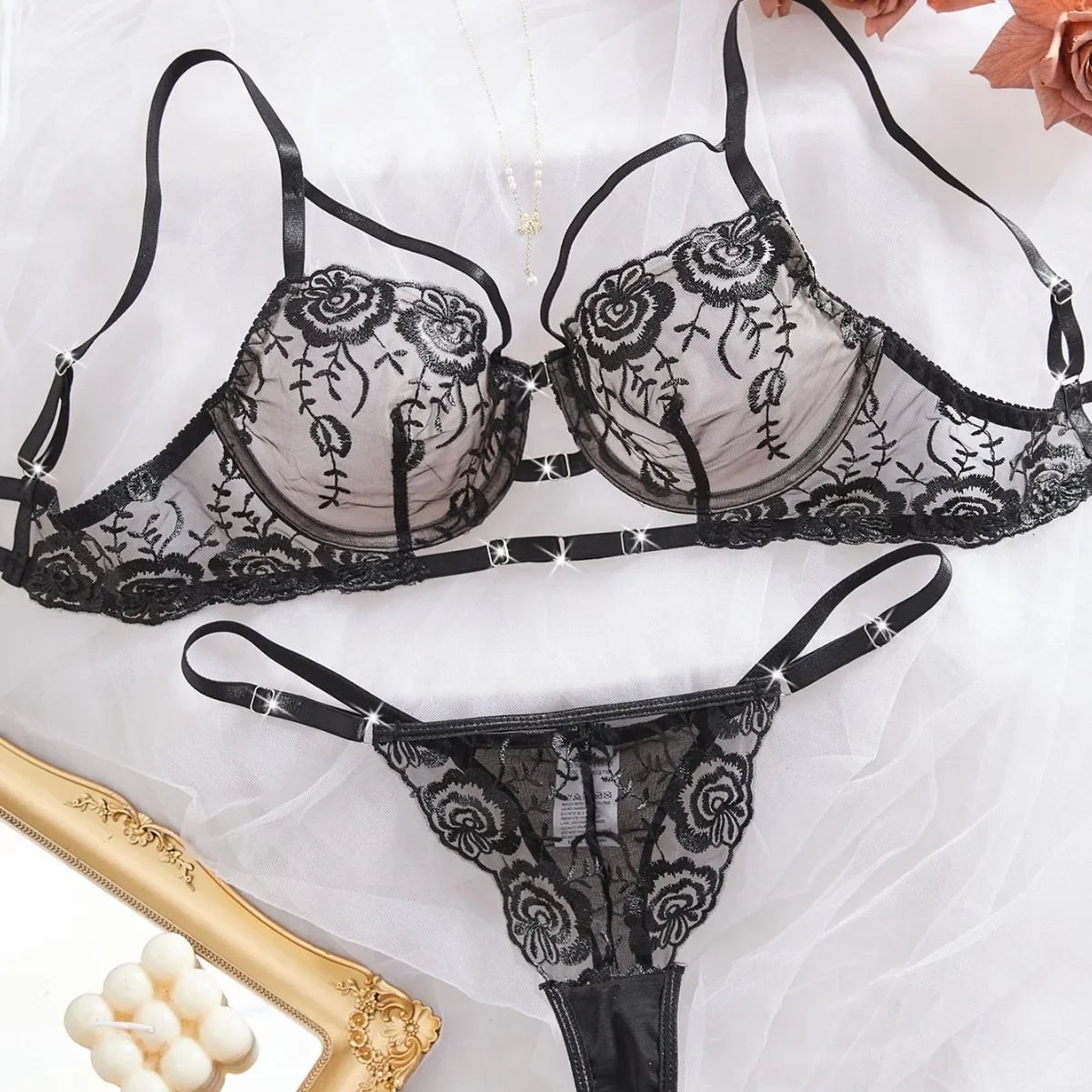 Western Mesh Rose Embroidery Pure Three Point Bras Erotic Seductive Underwear Clothings Seductive Lingerie Set
