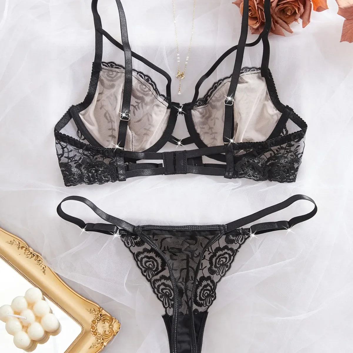 Western Mesh Rose Embroidery Pure Three Point Bras Erotic Seductive Underwear Clothings Seductive Lingerie Set