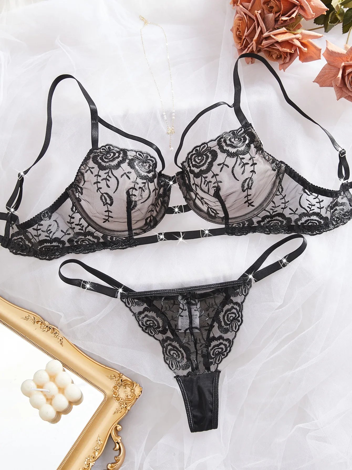 Western Mesh Rose Embroidery Pure Three Point Bras Erotic Seductive Underwear Clothings Seductive Lingerie Set