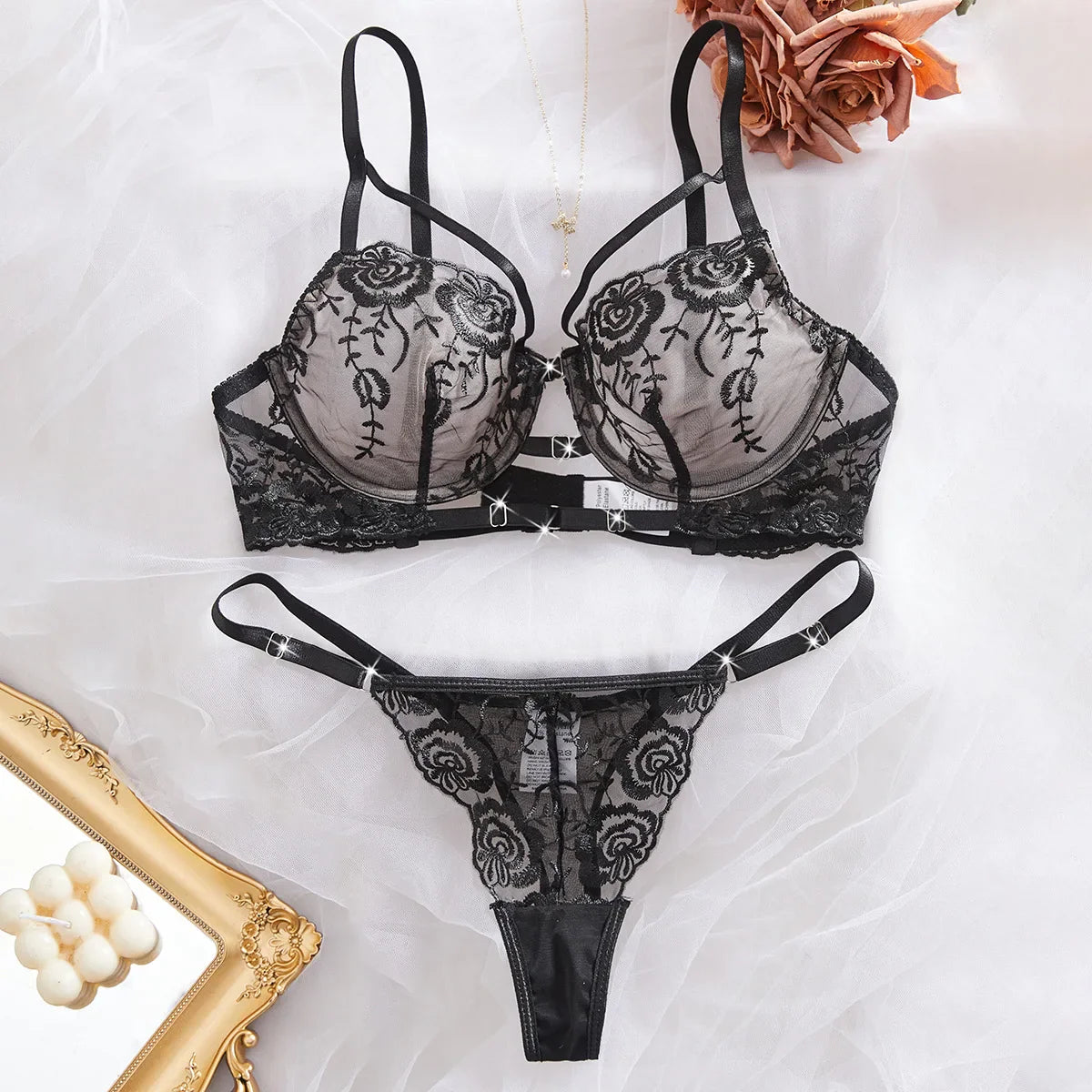 Western Mesh Rose Embroidery Pure Three Point Bras Erotic Seductive Underwear Clothings Seductive Lingerie Set