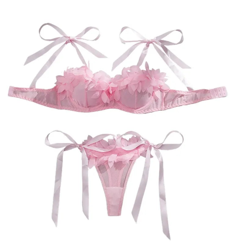 Western Mesh See Through Bowknot Lace Up Bras Pure Erotic Seductive Underwear Clothing Lingerie Set