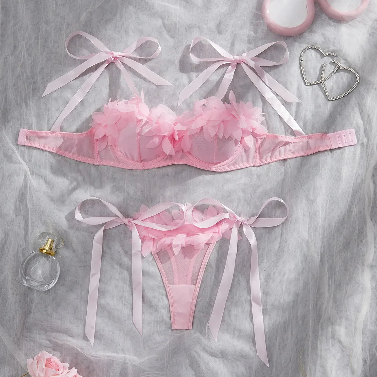 Western Mesh See Through Bowknot Lace Up Bras Pure Erotic Seductive Underwear Clothing Lingerie Set