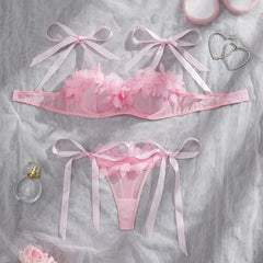 Western Mesh See Through Bowknot Lace Up Bras Pure Erotic Seductive Underwear Clothing Lingerie Set