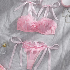 Western Mesh See Through Bowknot Lace Up Bras Pure Erotic Seductive Underwear Clothing Lingerie Set