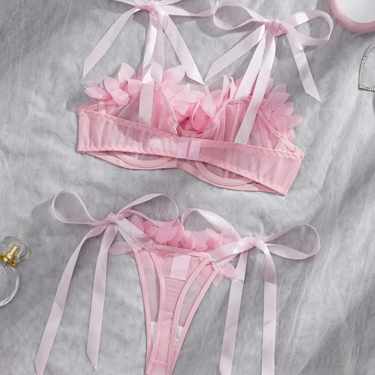 Western Mesh See Through Bowknot Lace Up Bras Pure Erotic Seductive Underwear Clothing Lingerie Set
