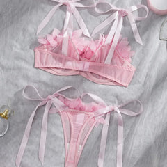 Western Mesh See Through Bowknot Lace Up Bras Pure Erotic Seductive Underwear Clothing Lingerie Set