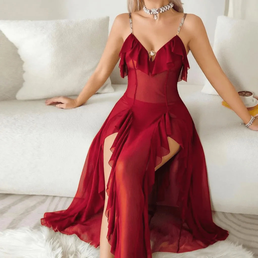 Western Mesh Sling Dress Solid Color See Through Slit Seductive
