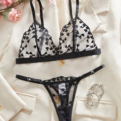 Western Black Heart Embroidery Pure See Through Triangle Cup Bras Erotic Seductive Underwear Lingerie Set
