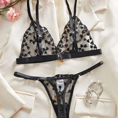 Western Black Heart Embroidery Pure See Through Triangle Cup Bras Erotic Seductive Underwear Lingerie Set