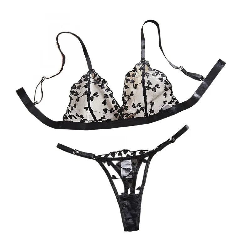 Western Black Heart Embroidery Pure See Through Triangle Cup Bras Erotic Seductive Underwear Lingerie Set