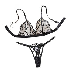 Western Black Heart Embroidery Pure See Through Triangle Cup Bras Erotic Seductive Underwear Lingerie Set